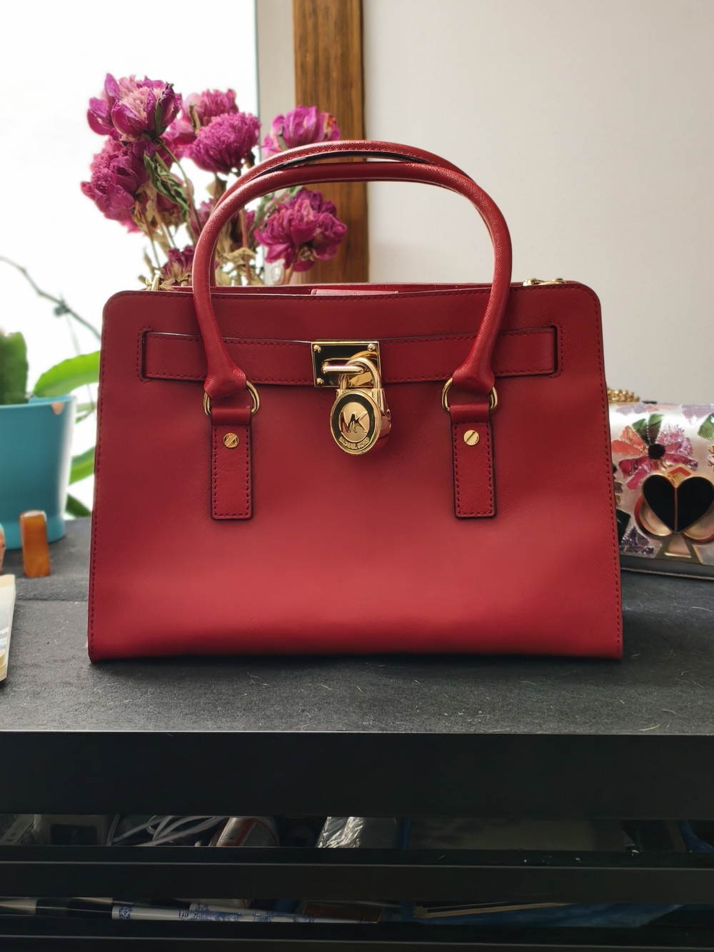 Michael Kors Red Leather Satchel with Gold Lock